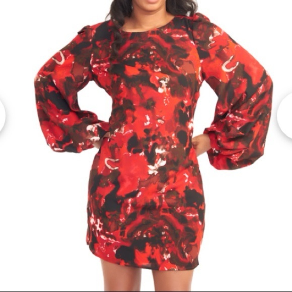 Vivienne Tam. Red & Black Floral Bishop Sleeve Dress. Size 2.